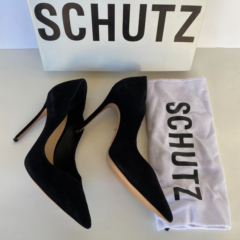 NIB SCHUTZ MONALIZA BLACK SUEDE POINT TOE PUMPS SZ 9 10 - Picture 2 of 9